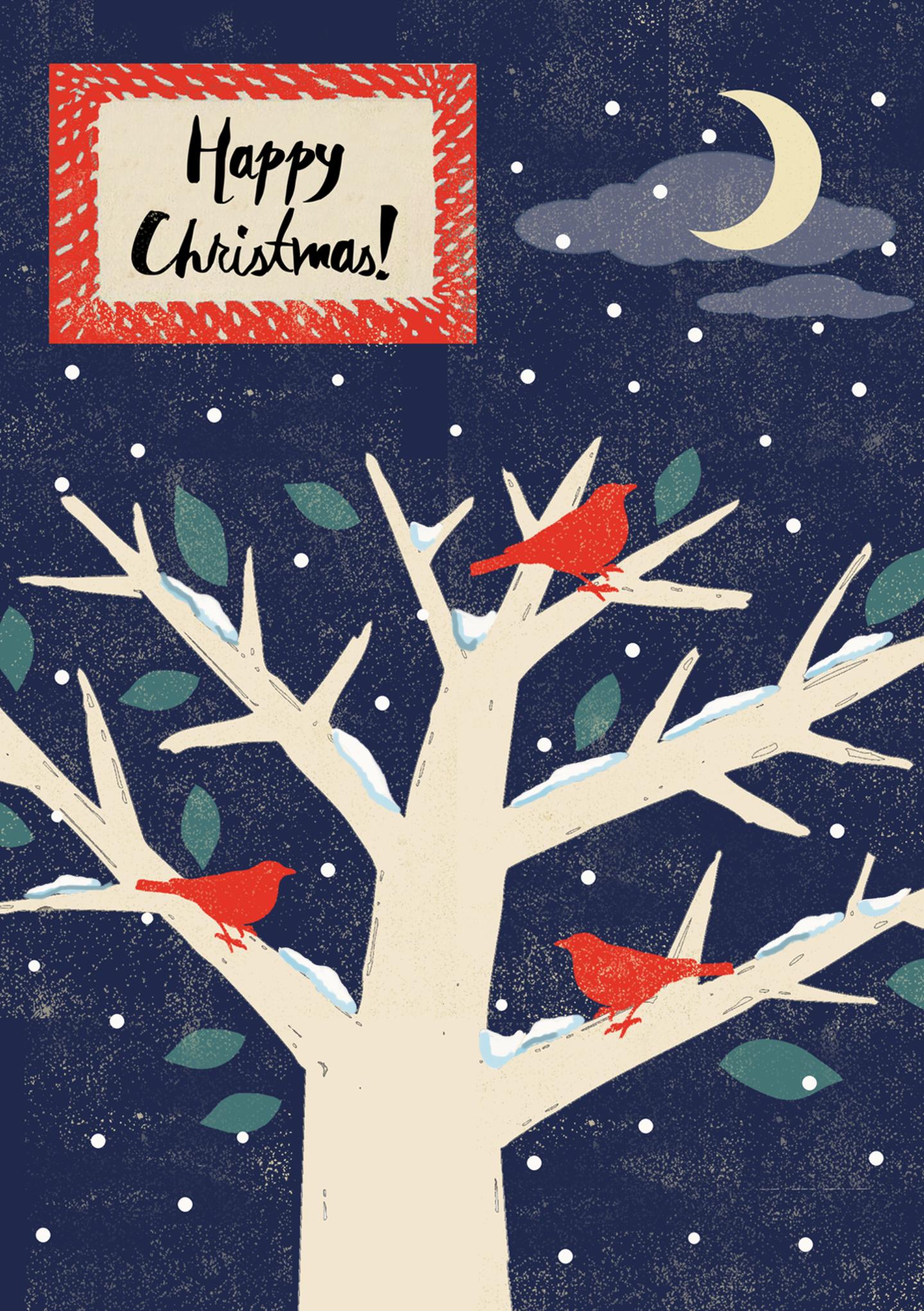 Happy Christmas - Red Birds in Winter Tree