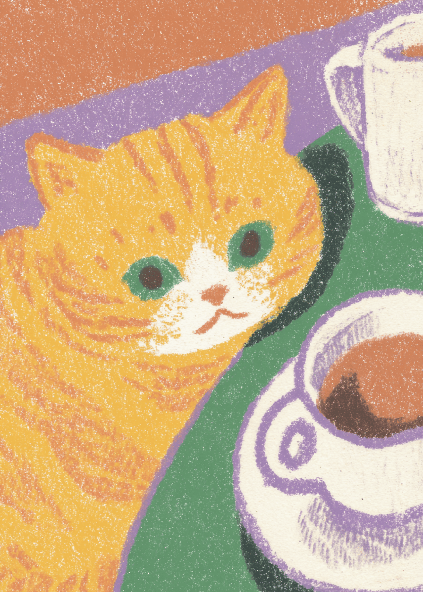 orange cat looking at coffee