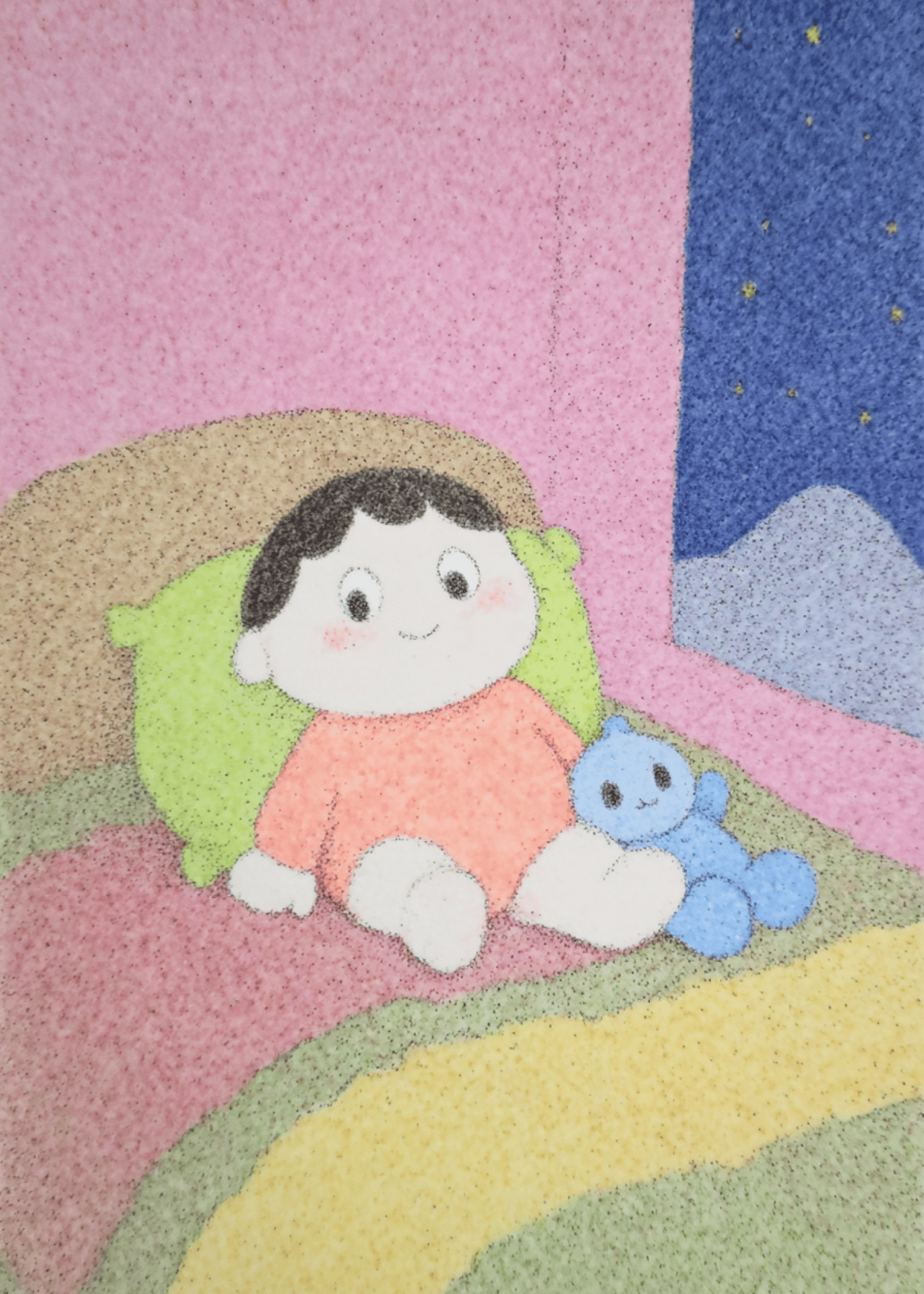 baby in bed with plushie