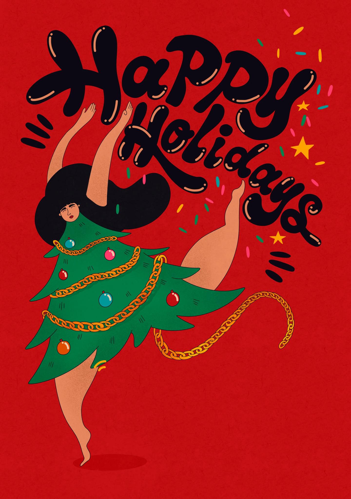 Dancing Christmas Tree Lady Holiday Card