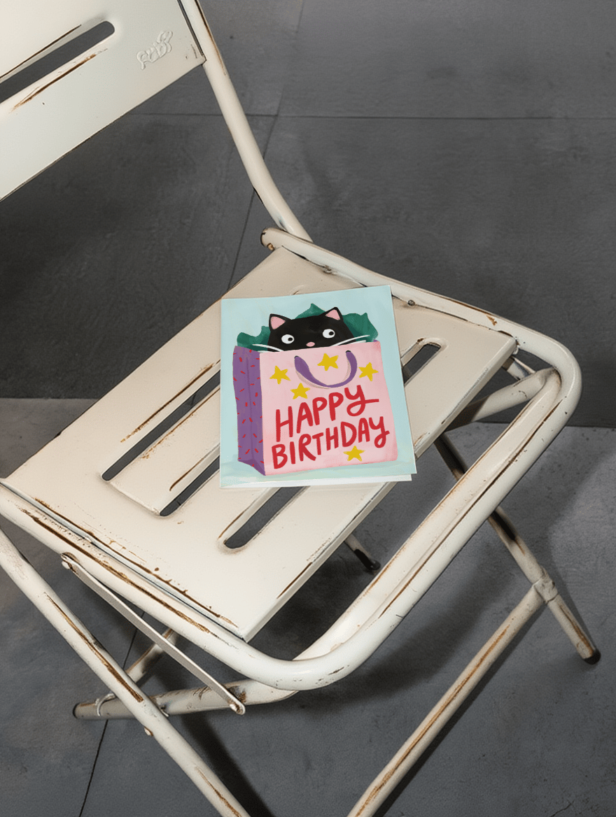 Cat in a Gift Bag Birthday Card mockup 2