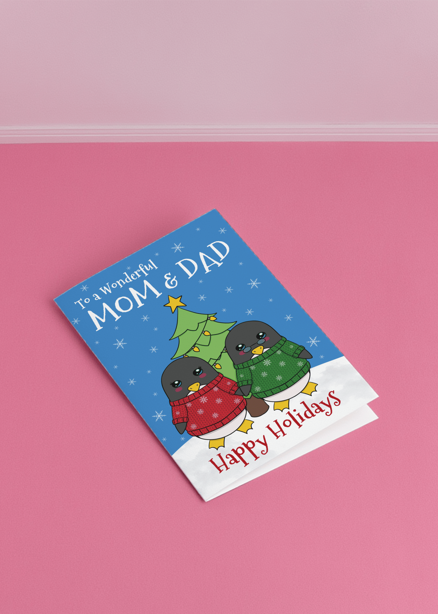 Happy Holidays Mom & Dad Penguins mockup 1