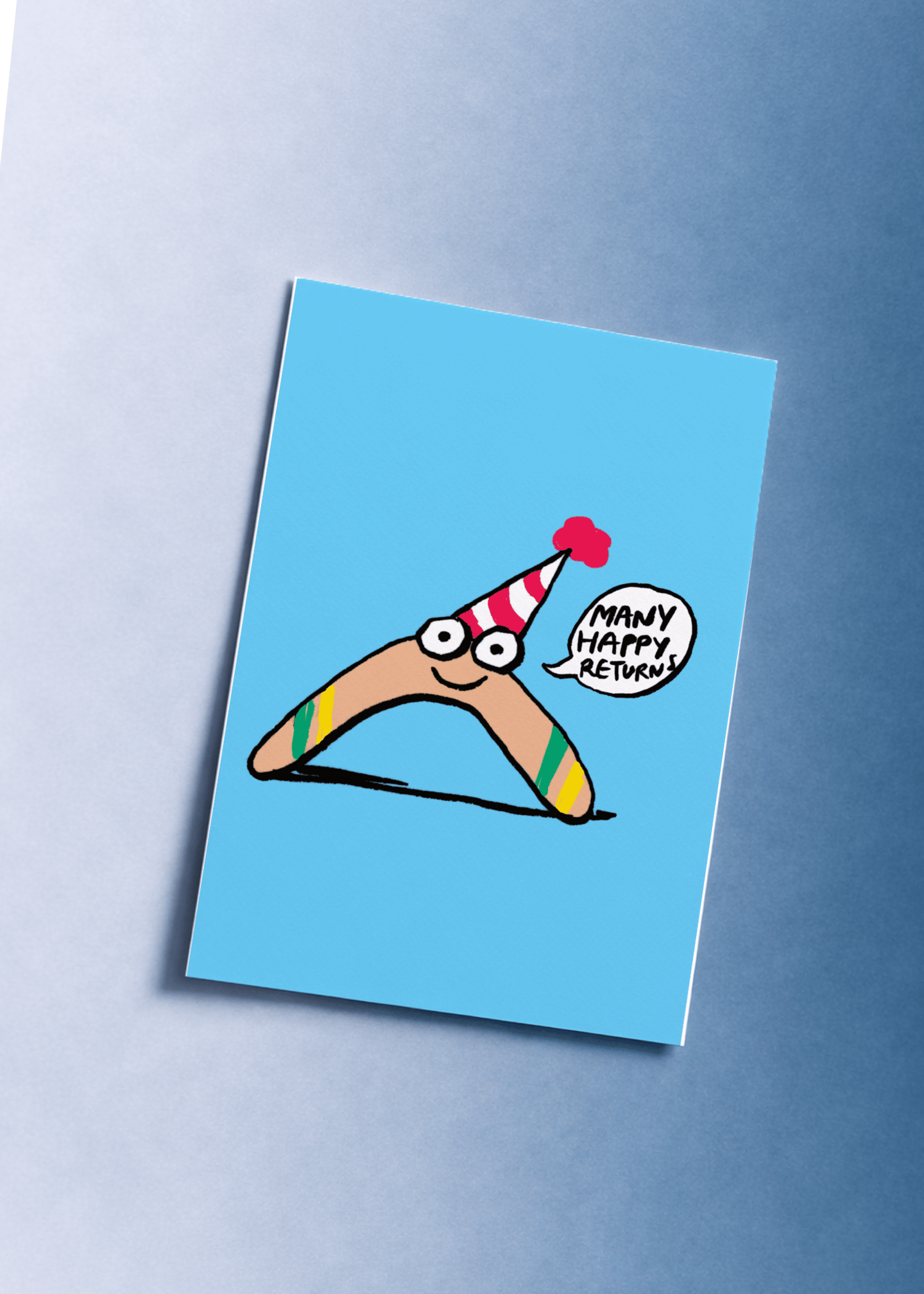 Boomerang Many Happy Returns Birthday Card mockup 1