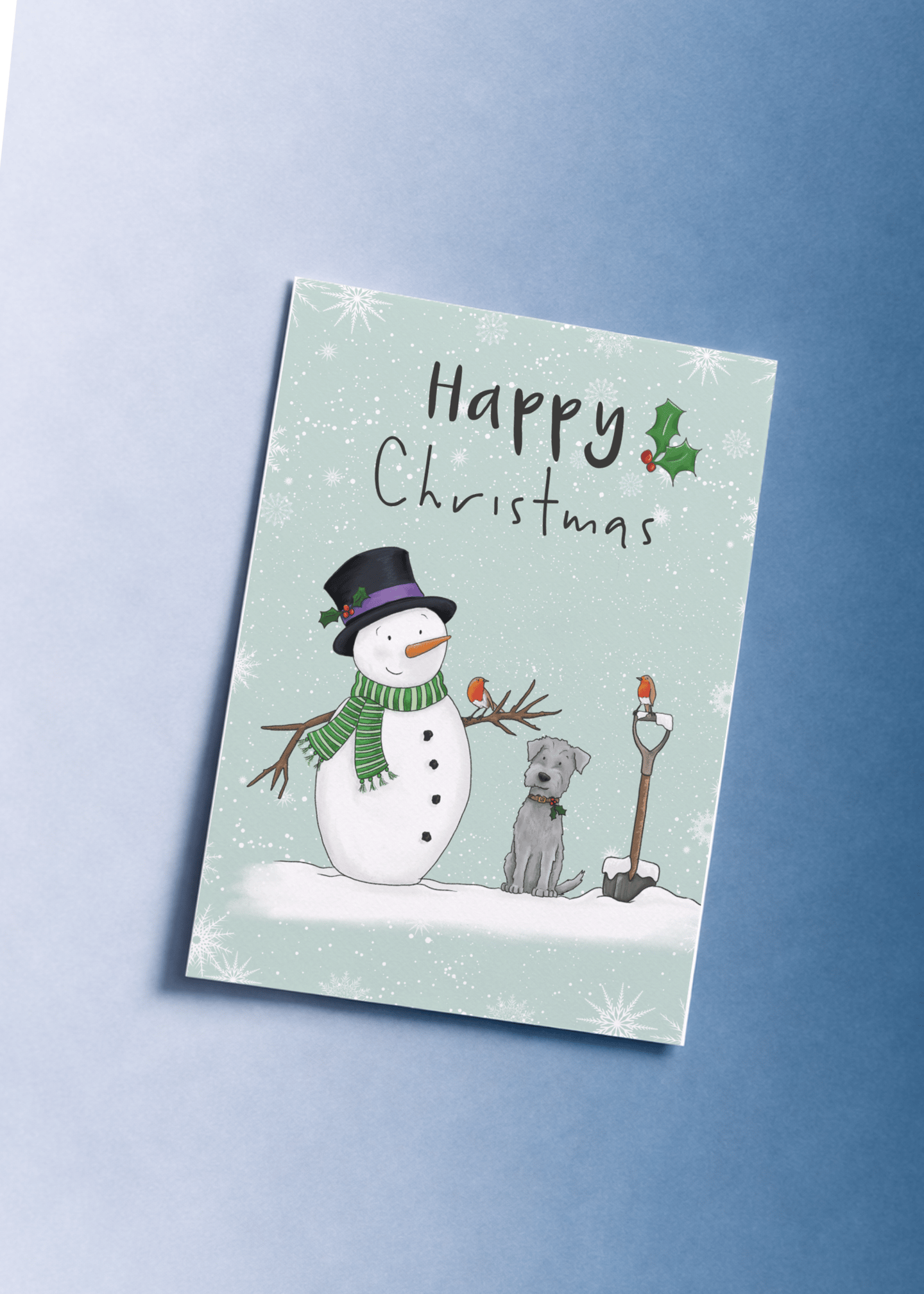 A Snowman, Dog, and Birds Celebrate Christmas mockup 1