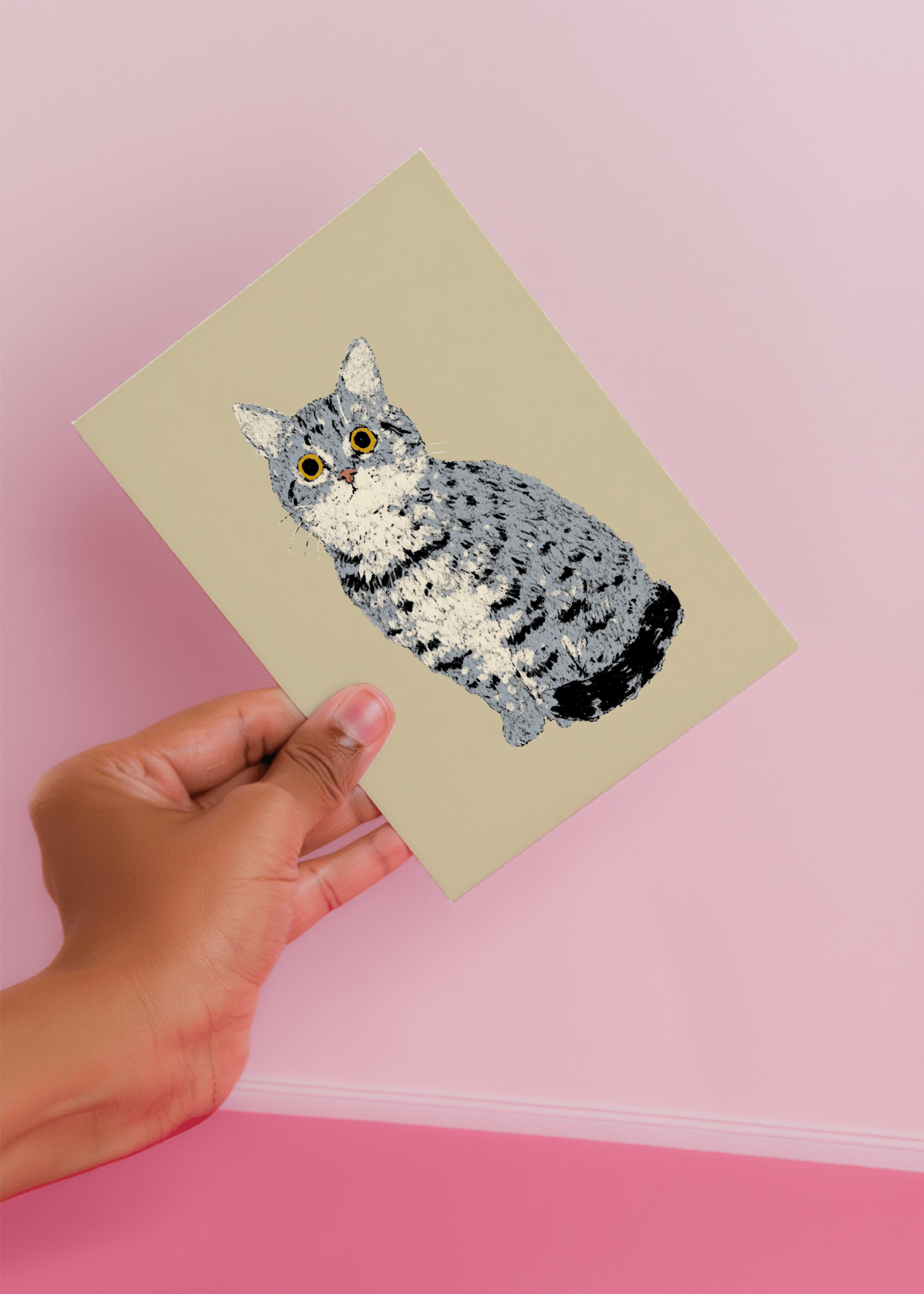 grey tabby cat sitting mockup 4