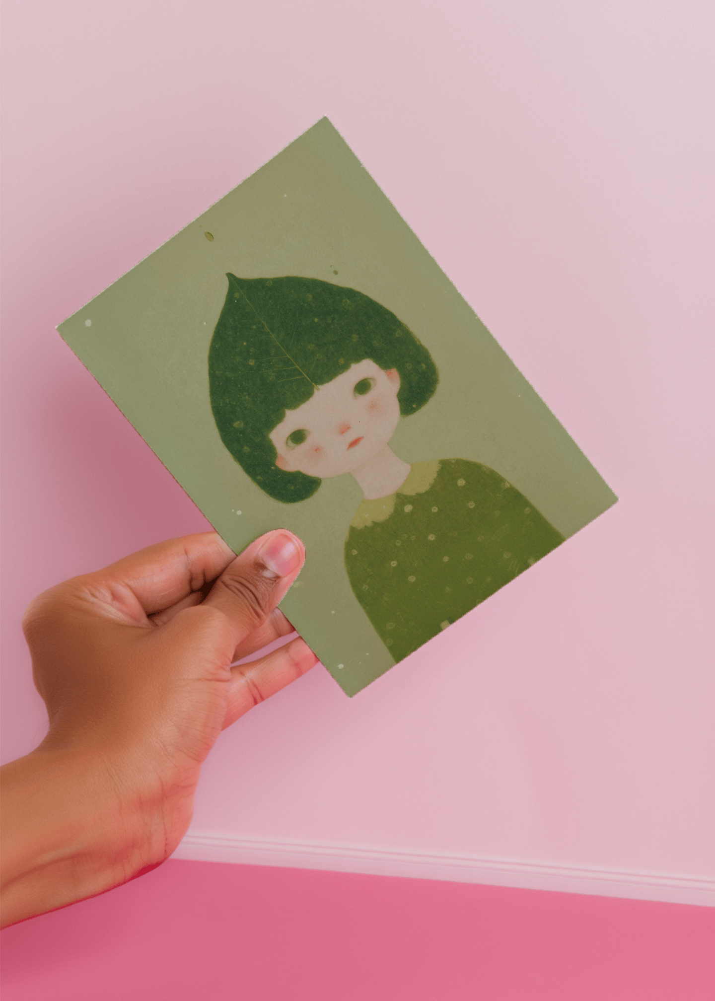 Whimsical Leaf Hat Child Card mockup 4
