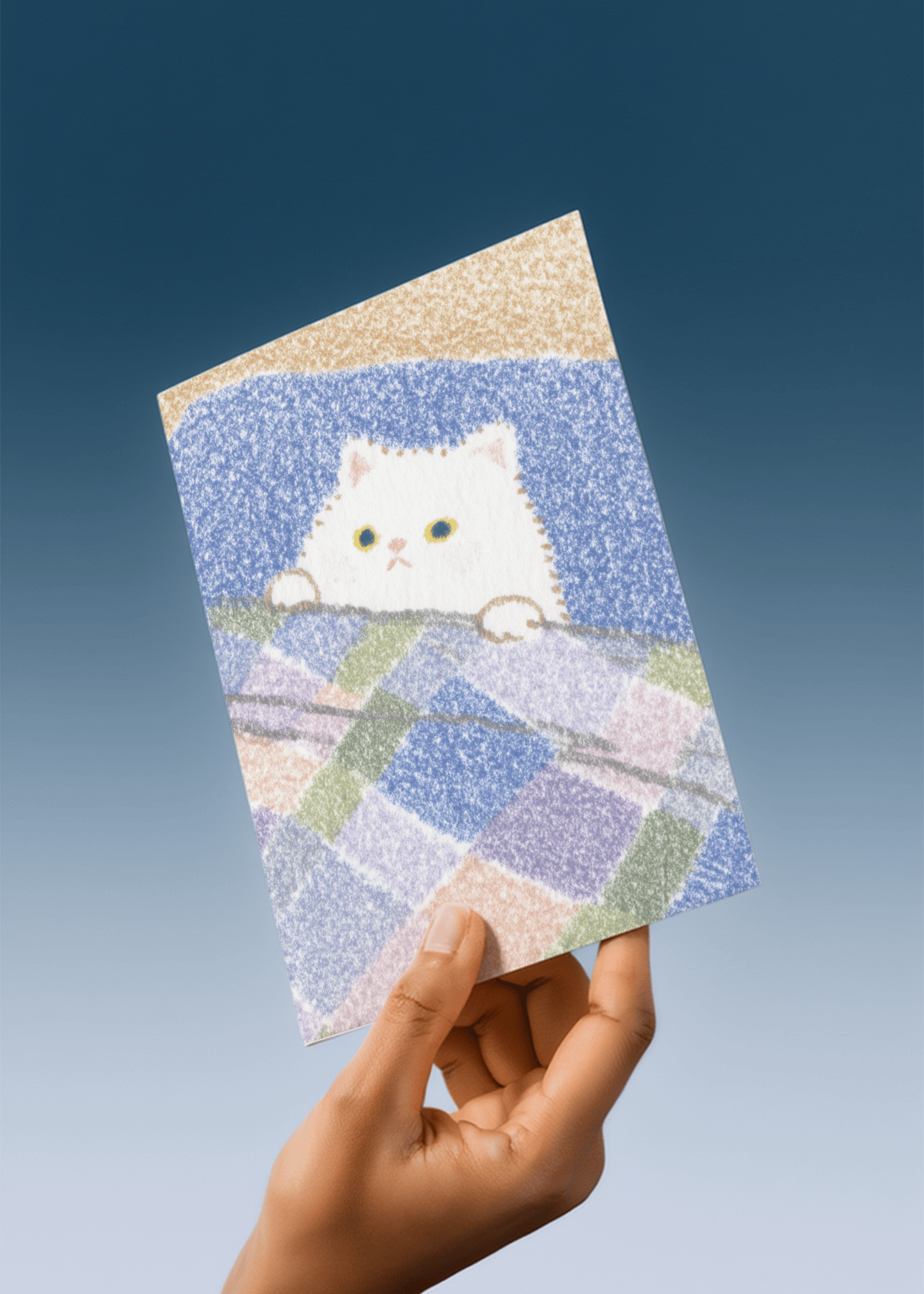 white cat tucked into bed mockup 4