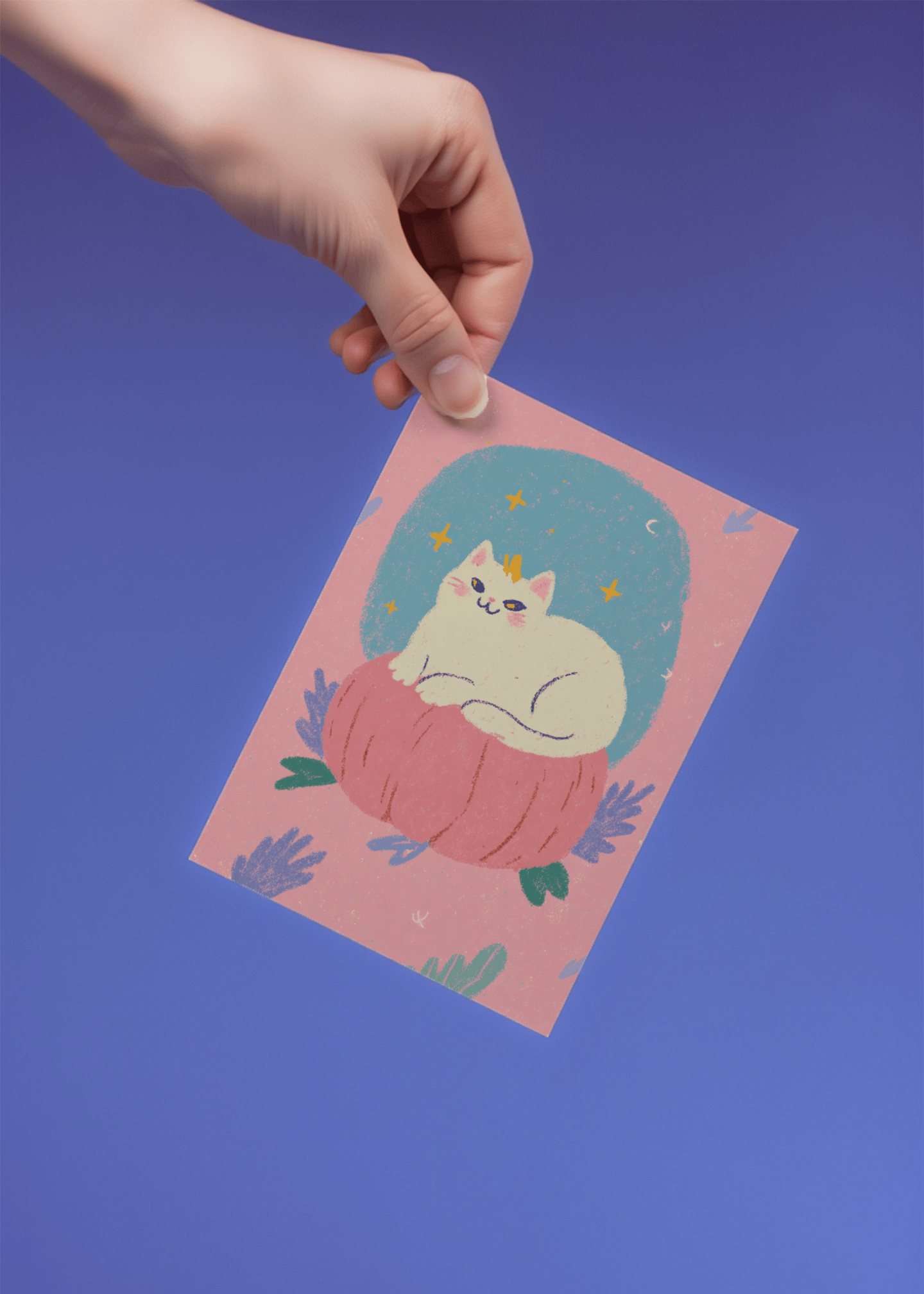 Cozy Cat on Pumpkin Greeting Card mockup 4