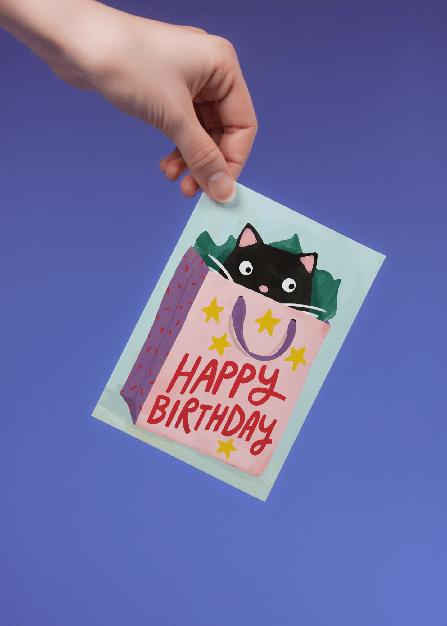 Cat in a Gift Bag Birthday Card mockup 4