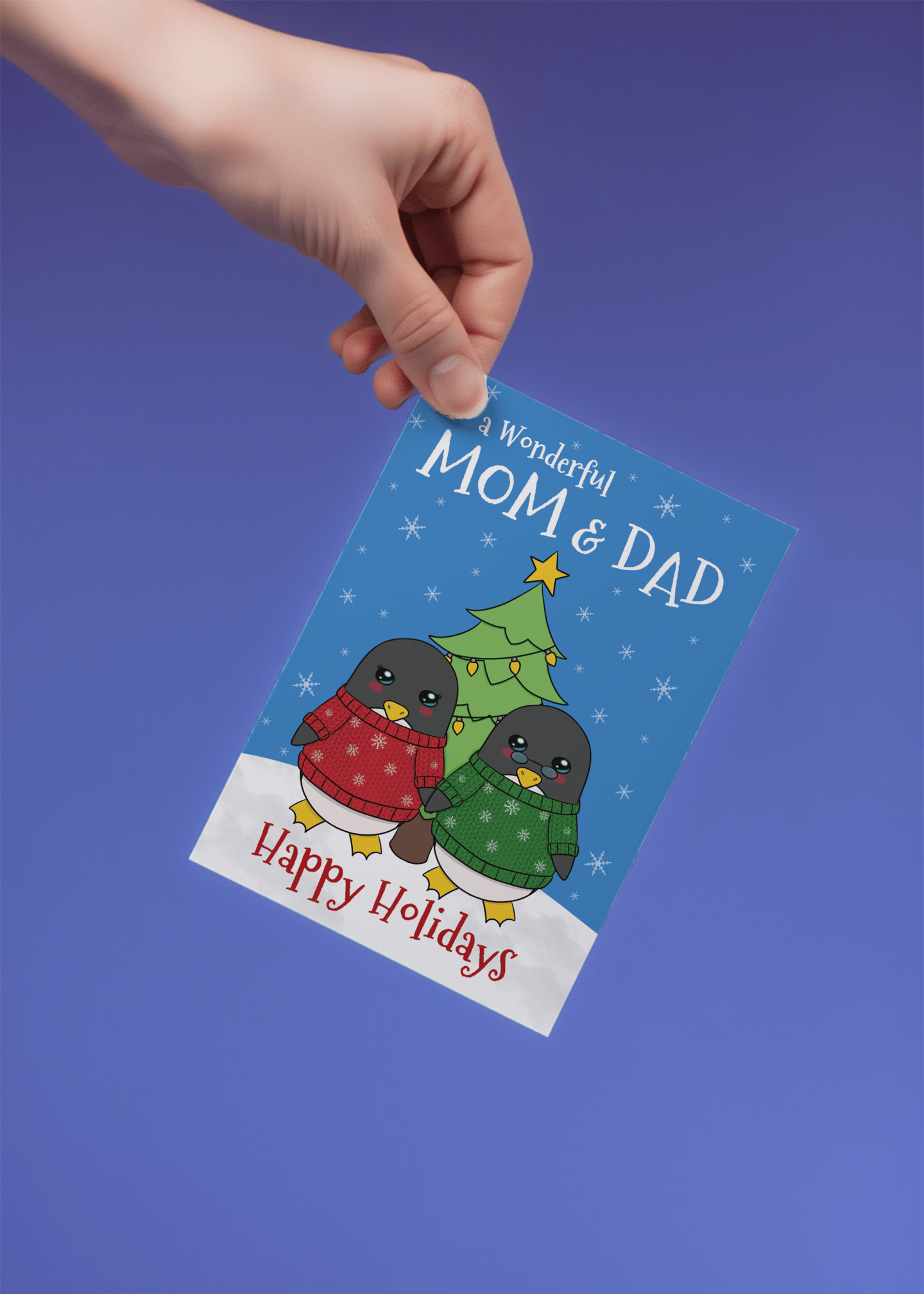Happy Holidays Mom & Dad Penguins mockup 4