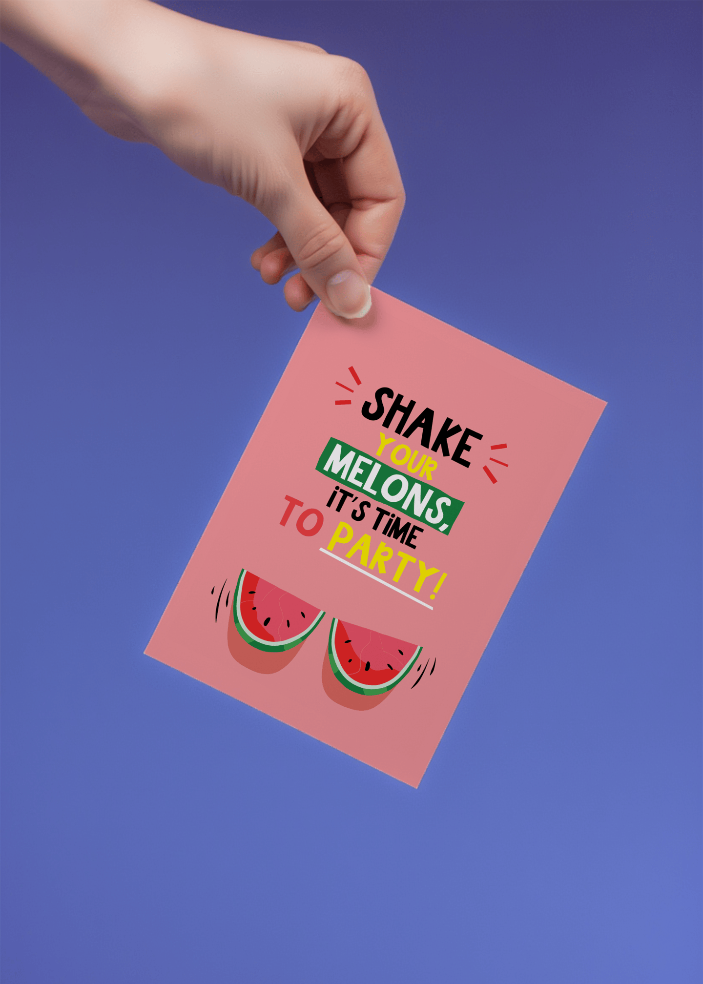 Shake Your Melons Party Card mockup 4