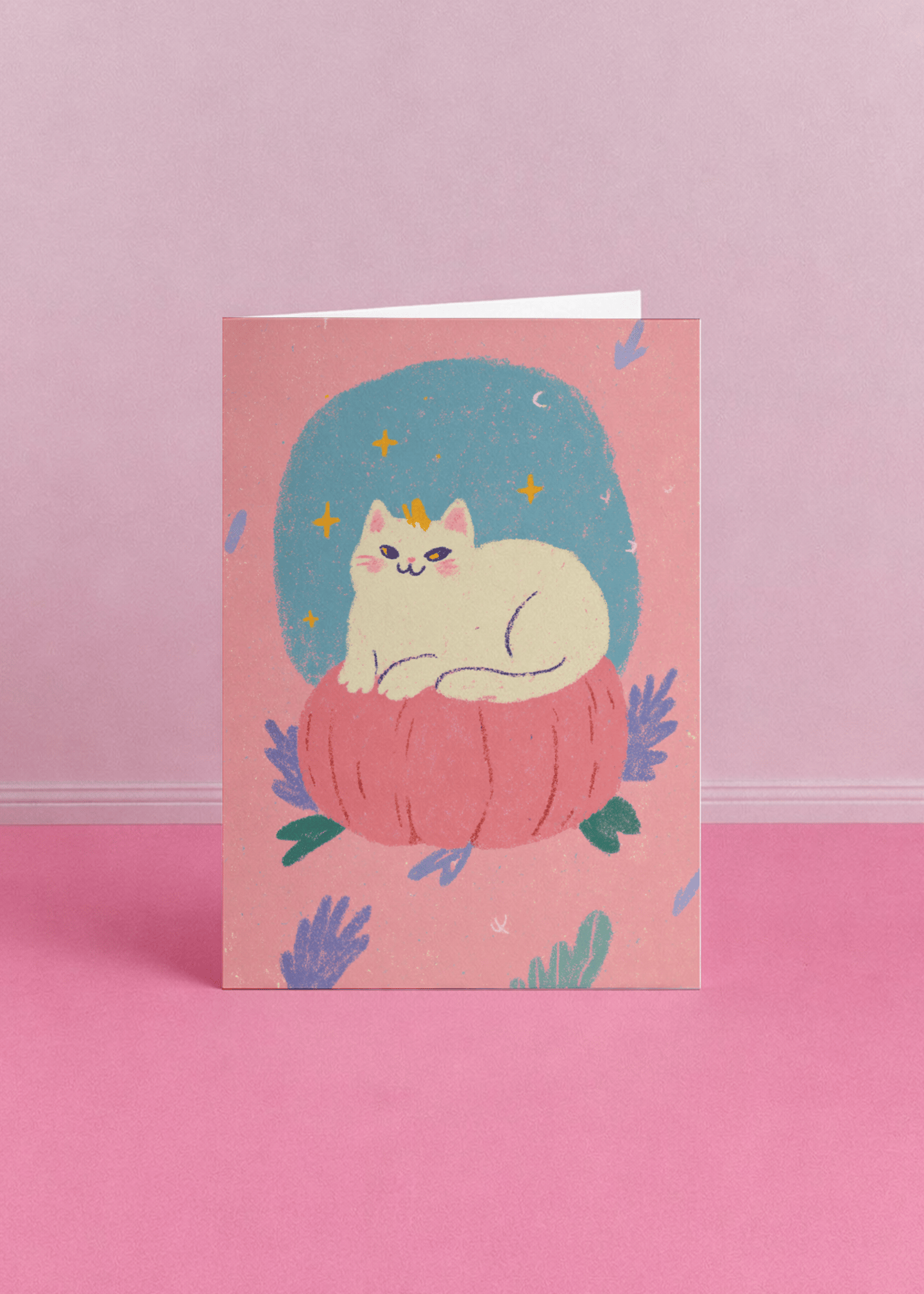Cozy Cat on Pumpkin Greeting Card mockup 5