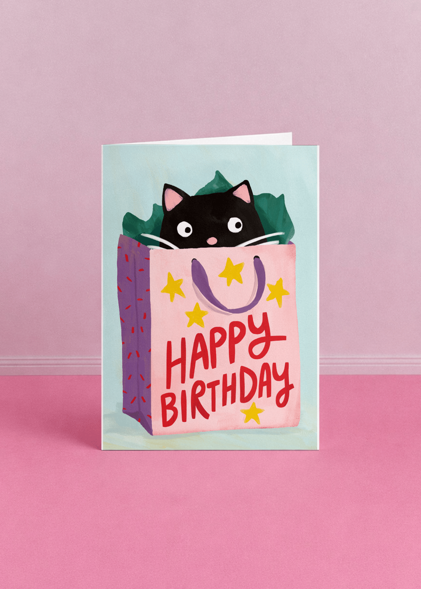 Cat in a Gift Bag Birthday Card mockup 5