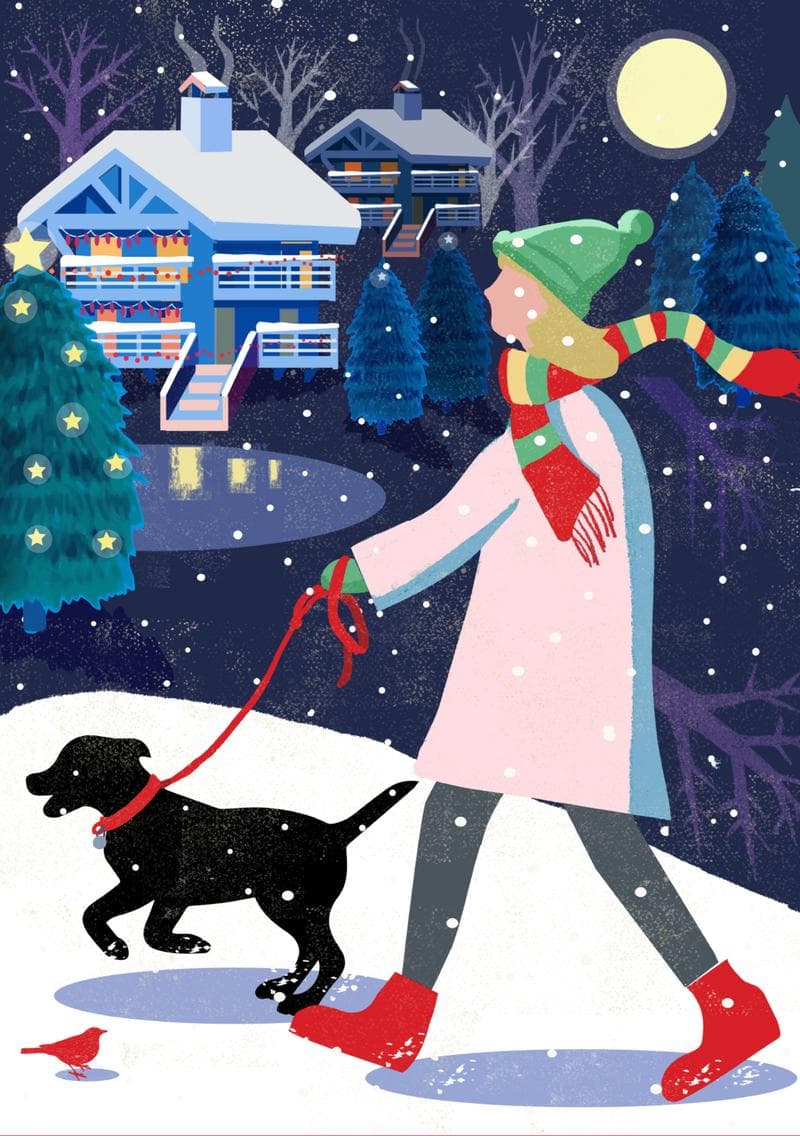 Christmas Dog Walk Night Scene