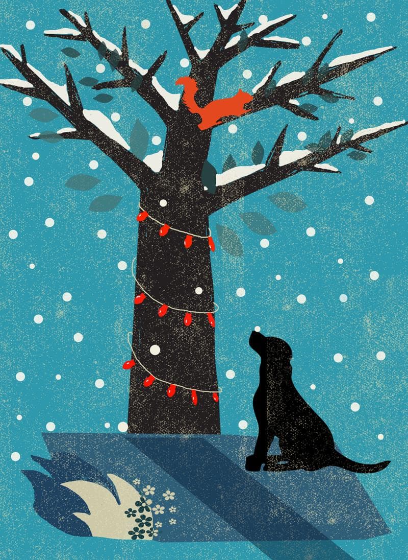 Dog and Squirrel Under Festive Tree