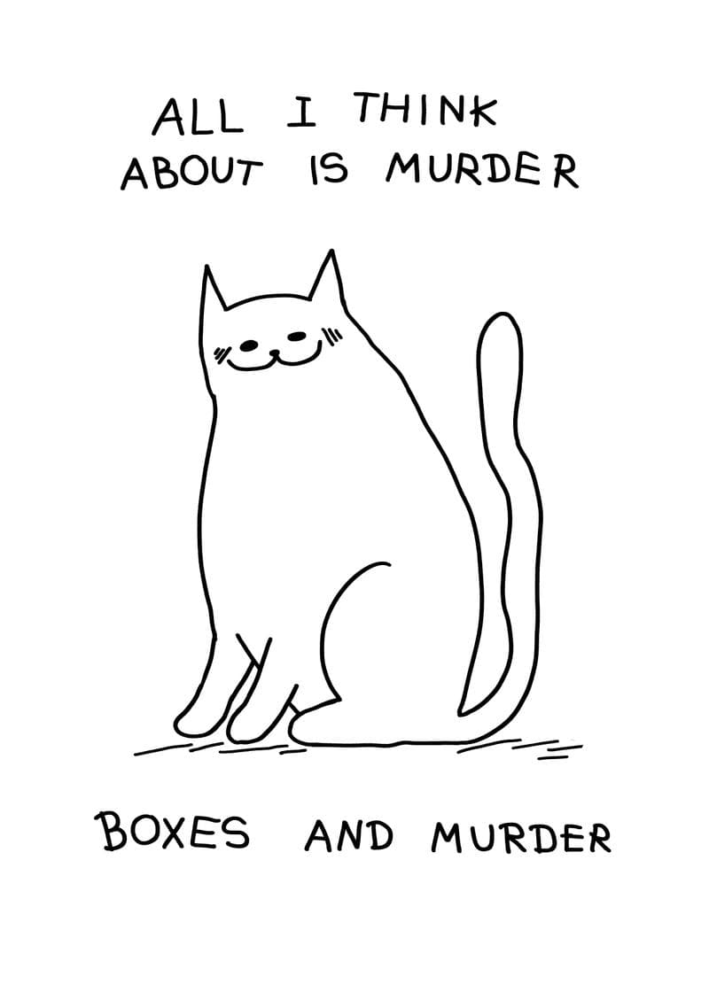 Murder, Boxes, and Cats card