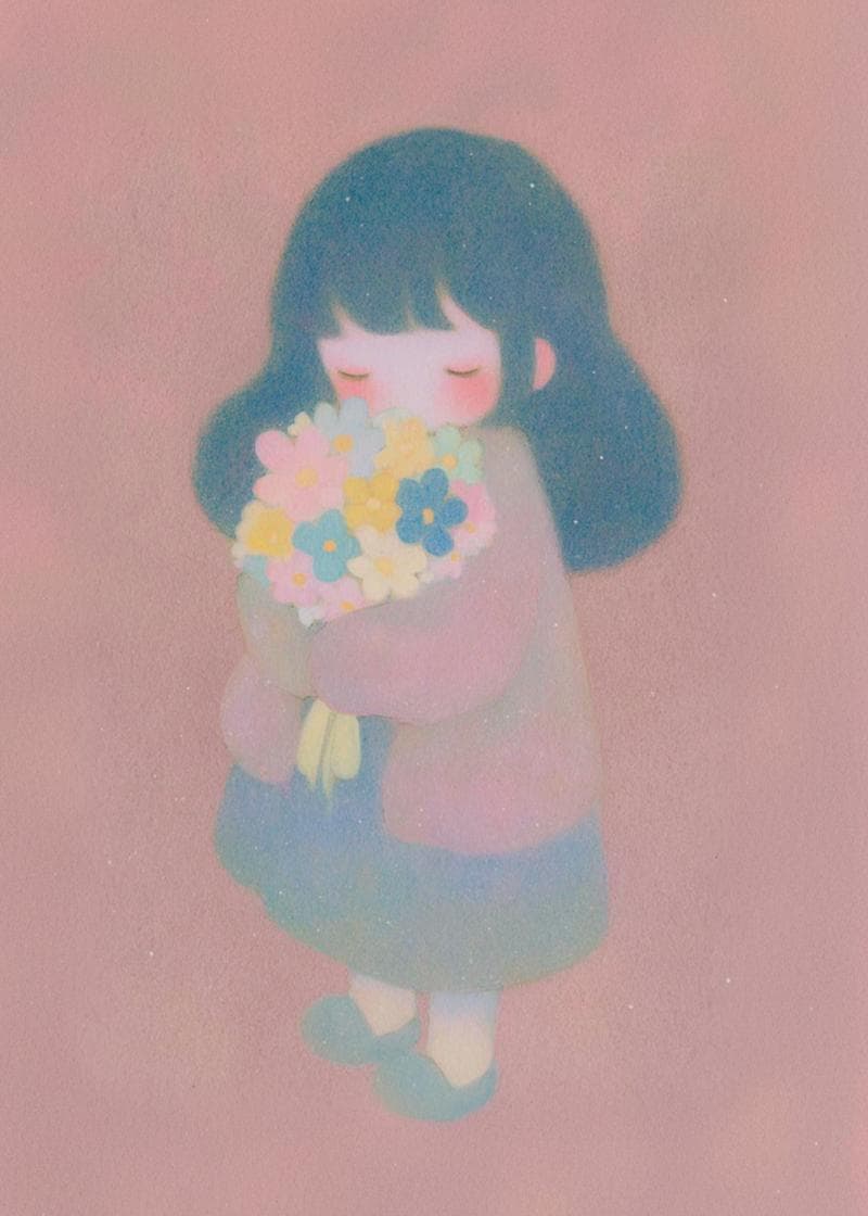 GIrl holding flowers card
