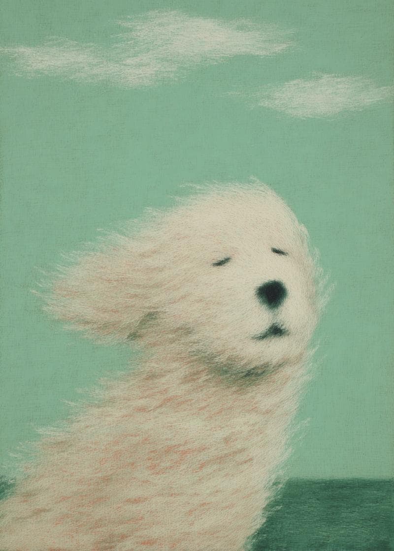 fluffy white dog in wind card