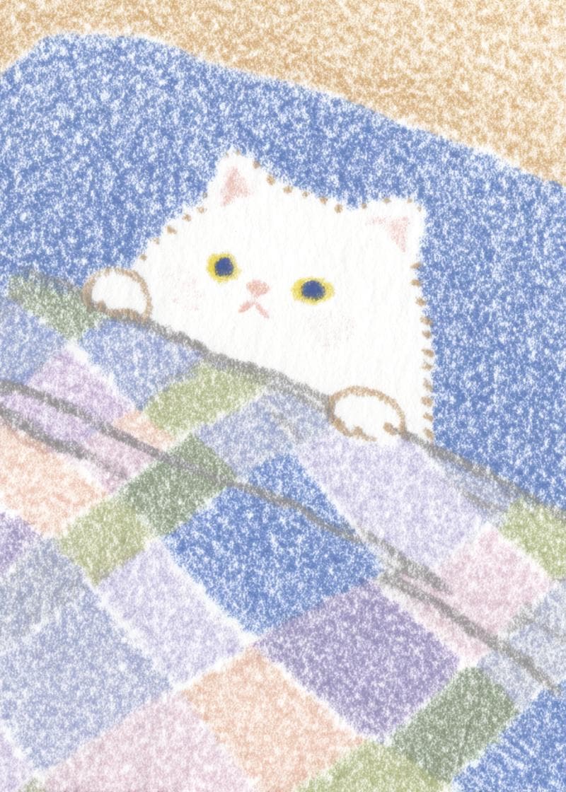 white cat tucked into bed card