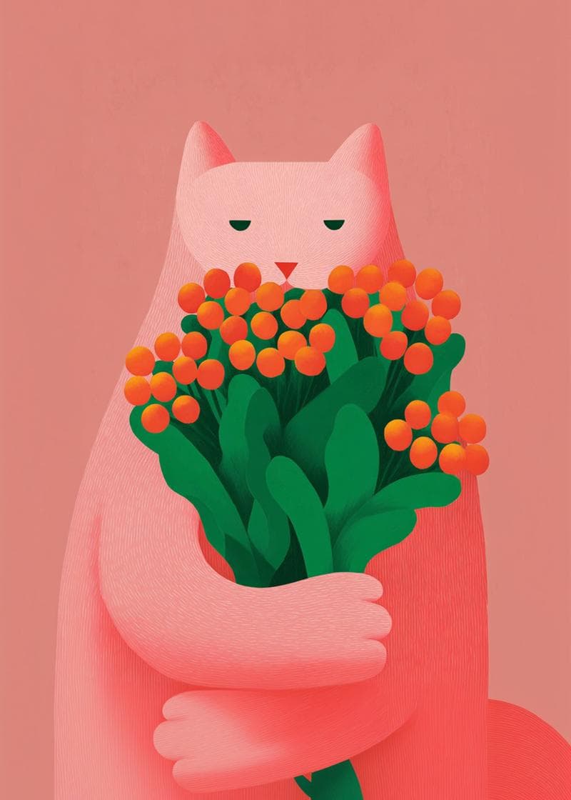 cat holding flowers card