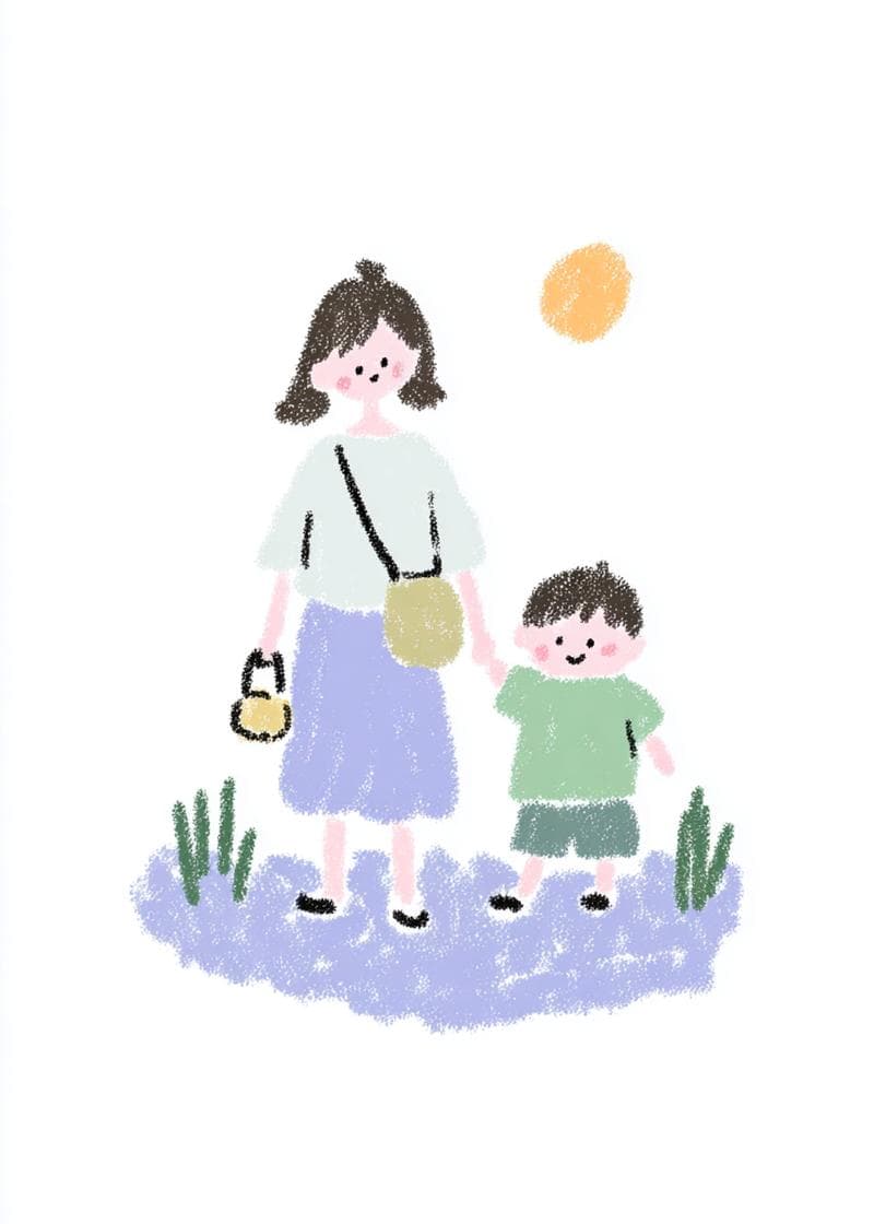 mom and son in a field card