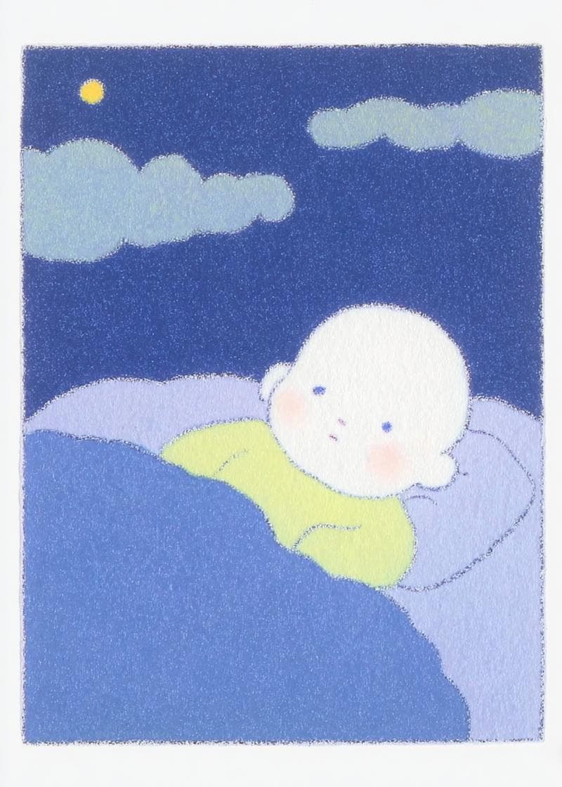 baby in bed under night sky 